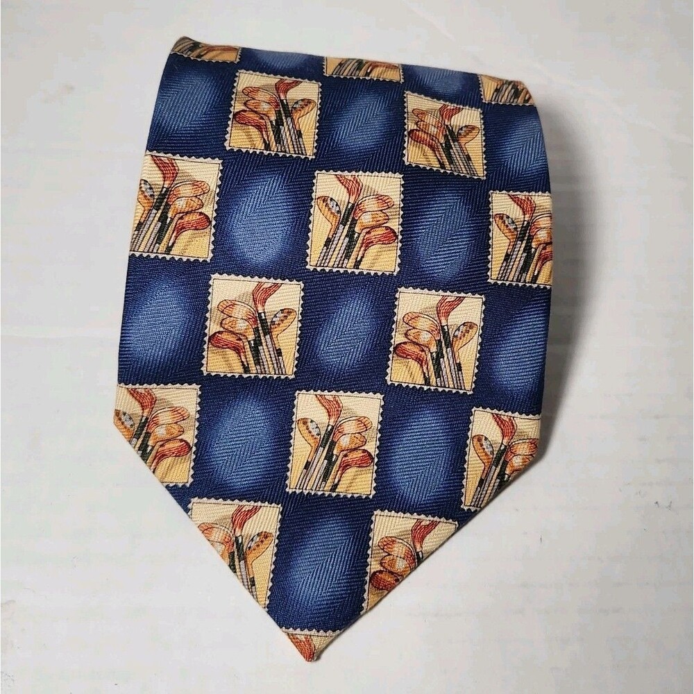 Tommy Bahama 100% Silk Hand Made Tie Wide 4" Golf Clubs Woods Blue Dad Father
